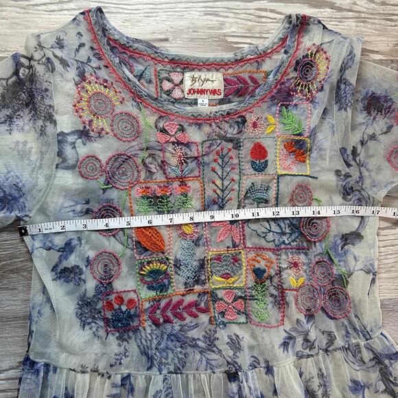Johnny Was Biya Logan Tiered Mesh Maxi Dress Embroidered Boho Sheer Size S - Picture 13 of 15